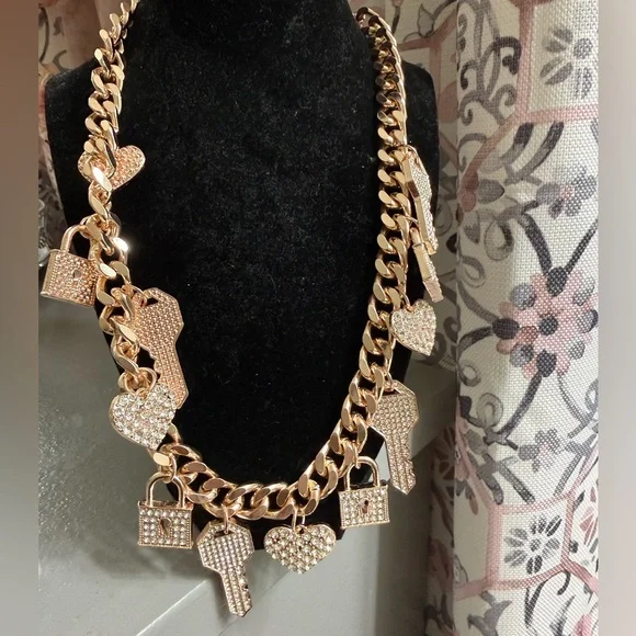 Sassy Jones Gold Necklace with Heart and Key Charms - Picture 1 of 1